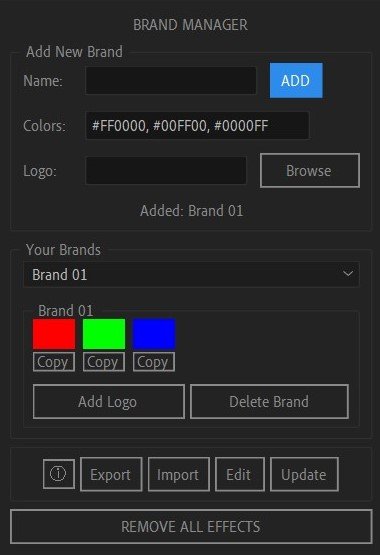 BrandManager ScriptUI Panel Interface showing color swatches, Add Logo button, and brand dropdown in After Effects